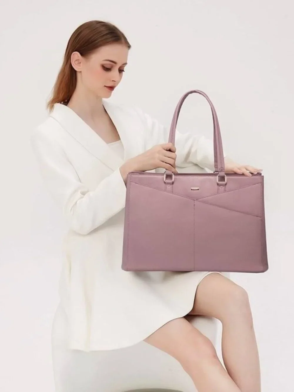 LOVEVOOK Laptop Tote Bag for Women 15.6 Inch Waterproof Leather Briefcase Mauve